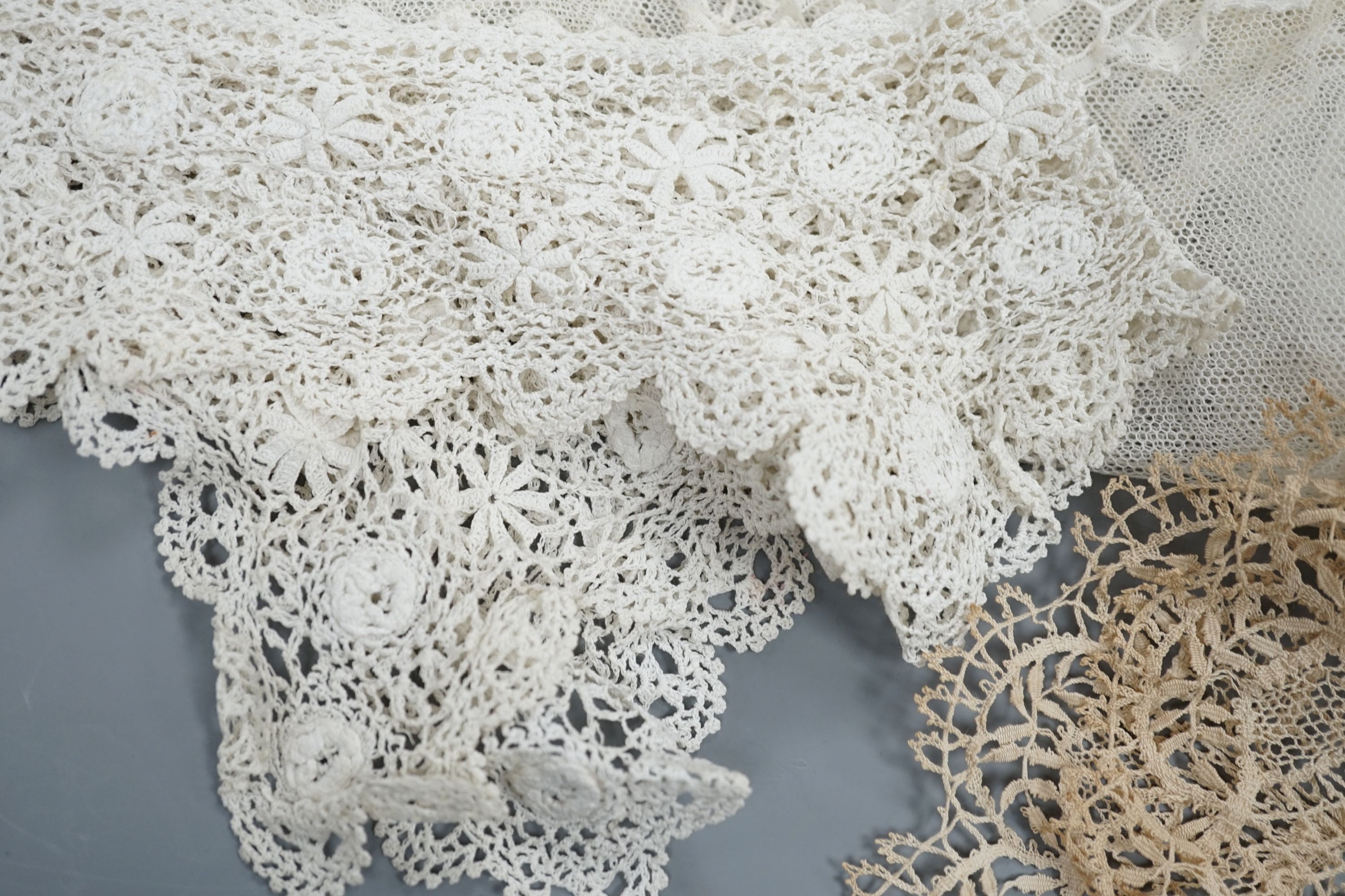 A collection of 19th century hand made bobbin lace and other handmade collars and trimmings, including Honiton, Irish crochet.